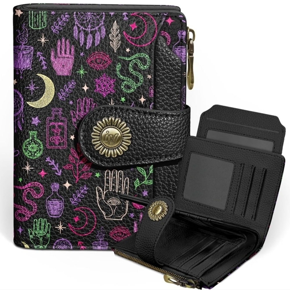 Mystical Black Wallet with Colorful Symbols